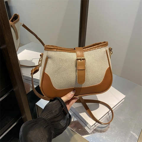 Retro Canvas PU Leather Splicing Shoulder Bag Contrast Color Underarm Handbag With Belt Buckle Decor For Women