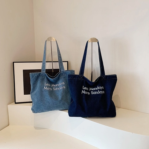 Borsa Tote in Denim Retro da Donna Grande Capacità Less Mondays More Sundays Ricamo Casual Spalla Pendolare Borsa a Mano