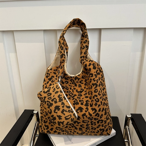 Vintage Cord Leopardenmuster Tote Bag Und Pouch Große Kapazität Schulter Handtasche Für Damen Täglich Pendeln Schultasche