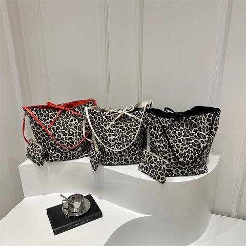 Damen Mode Leopardenmuster Canvas Tragetasche Set Mit Schleife Große Kapazität Eimer Umhängetasche Für Den Täglichen Weg Handtasche