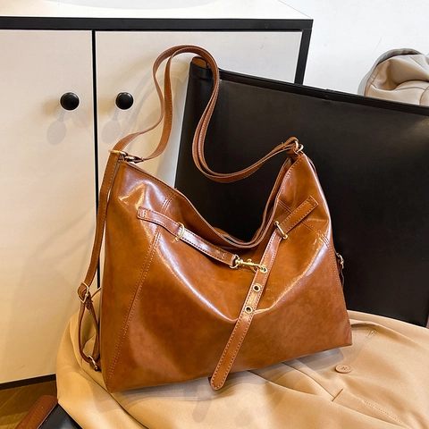 Women Large Capacity PU Leather Shoulder Bag Retro Hobo Tote Solid Color Commuter Crossbody Handbag With Adjustable Strap