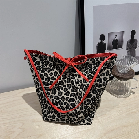 Damen Mode Leopardenmuster Canvas Tragetasche Set Mit Schleife Große Kapazität Eimer Umhängetasche Für Den Täglichen Weg Handtasche