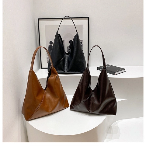 Damen Große Kapazität Tote Bag PU Leder Weich Geometrische Nähte Minimalistisch Pendeln Schulter Hobo Tasche Vintage