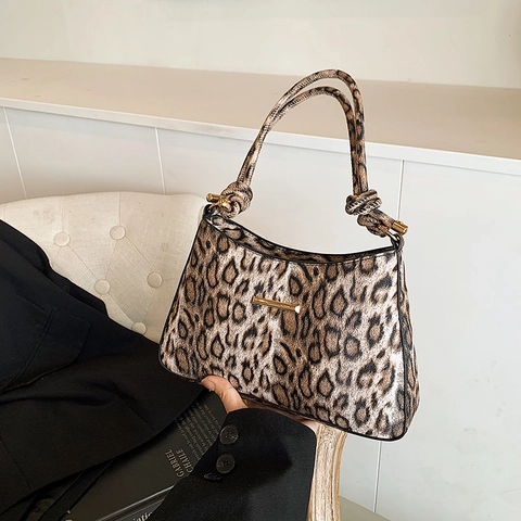 Leopard Print Underarm Shoulder Bag PU Leather Knotted Strap Retro Vintage Streetwear For Women Fashionable
