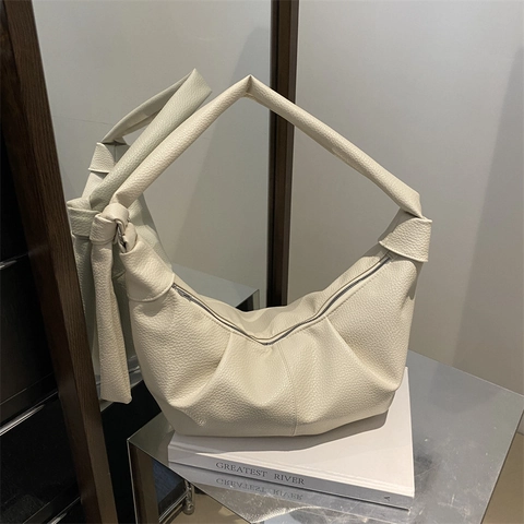Bolso Hobo Retro De Gran Capacidad Para Mujer Cuero PU Grano De Lichi Bolso Dumpling Plisado Con Correa De Nudo Cremallera
