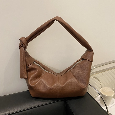 Sac à Épaule en Cuir PU Motif Litchi Vintage pour Femmes Bandoulière Nouée Sac Hobo Demi-Lune Sac Sous le Bras Minimaliste