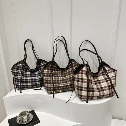 Borsa Tote In Tela A Quadri Da Donna Borsa A Spalla Grande Capacità Con Tracolla In Pelle PU Stile Britannico Retrò