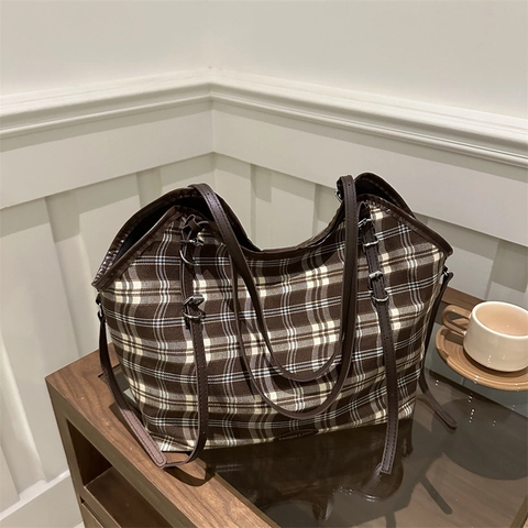 Borsa Tote In Tela A Quadri Da Donna Borsa A Spalla Grande Capacità Con Tracolla In Pelle PU Stile Britannico Retrò