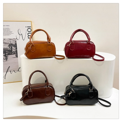 Retro PU Leather Bowling Handbag Small Square Boston Crossbody Bag For Women Commuter Messenger Style