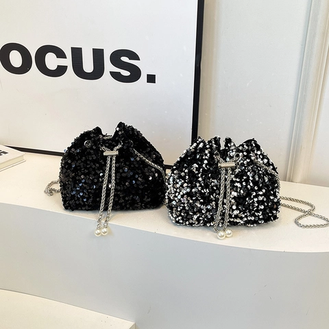 Borsa A Secchiello Con Paillettes Donna Pelle PU Tracolla A Catena Coulisse Künstliche Perle Festa Tracolla Alla Moda