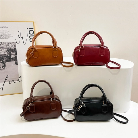 Damen Boston Tasche PU Leder Koreanischer Stil Schulter Umhängetasche Mit Verstellbarem Riemen Und Goldener Hardware Vintage Büro Schick