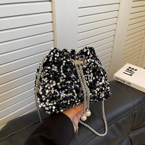 Borsa A Secchiello Con Paillettes Donna Pelle PU Tracolla A Catena Coulisse Künstliche Perle Festa Tracolla Alla Moda
