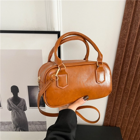 Damen Boston Tasche PU Leder Koreanischer Stil Schulter Umhängetasche Mit Verstellbarem Riemen Und Goldener Hardware Vintage Büro Schick