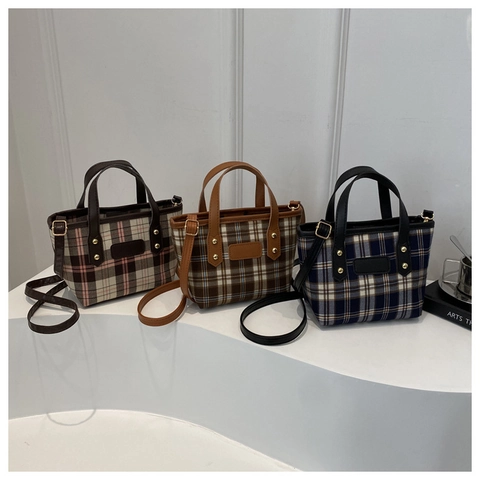Mini Borsa A Mano Quadri PU Pelle Tracolla Borsa A Spalla Vintage Stile Britannico Rivetto Decorazione Donne