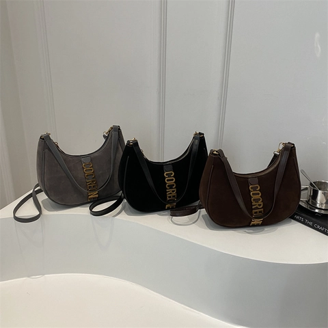 Vintage Hobo Underarm Bag For Women Suede Frosted Leather Half Moon Shoulder Purse Gold Metal Letters Retro Style