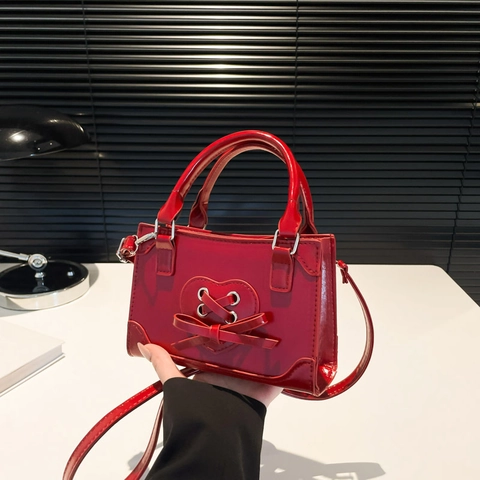 PU Leather Heart Lace Up Bow Small Square Shoulder Bag For Women Retro Fashion Crossbody Handbag With Adjustable Strap