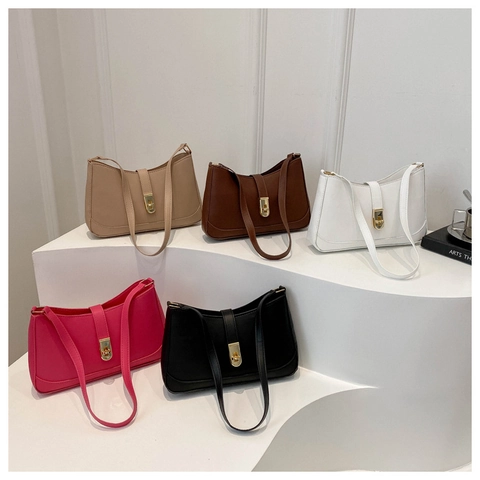 Women PU Leather Underarm Shoulder Bag Vintage Minimalist Baguette Handbag With Gold Metal Clasp