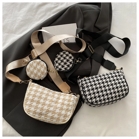 Fashion Houndstooth Women Underarm Bag With Mini Coin Purse Vintage PU Fabric Shoulder Crossbody Bag For Daily Work Travel