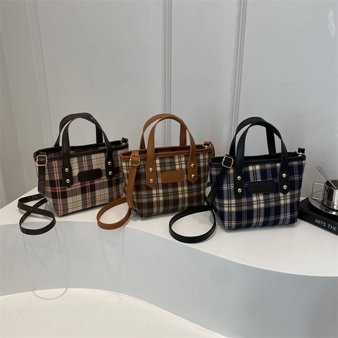 Retro Plaid Tote Bag Fabric And PU Leather Small Shoulder Crossbody Bag With Adjustable Strap Rivet Decor For Women