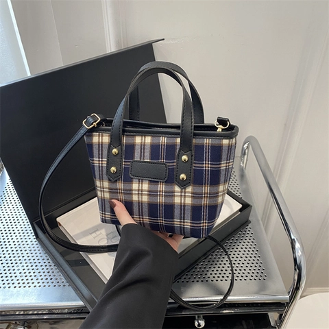 Retro Plaid Tote Bag Fabric And PU Leather Small Shoulder Crossbody Bag With Adjustable Strap Rivet Decor For Women