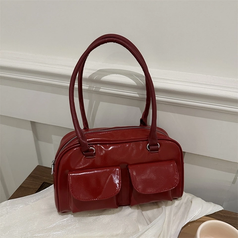 Damen Umhängetasche PU Leder Glänzend Fronttaschen Retro Y2K Stil Unterachsel Handtasche Elegant Schick