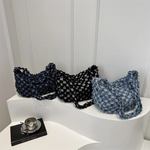Borsa A Spalla Hobo In Denim Grande Capacità Scacchi Bordi Sfilacciati Moda Casual Borsa A Tracolla Per Donna