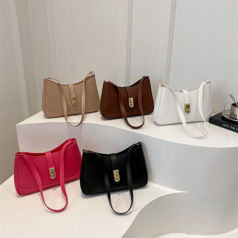 Solid Color PU Leather Underarm Shoulder Bag Minimalist Retro Fashion Handbag With Metal Lock Closure For Women Daily