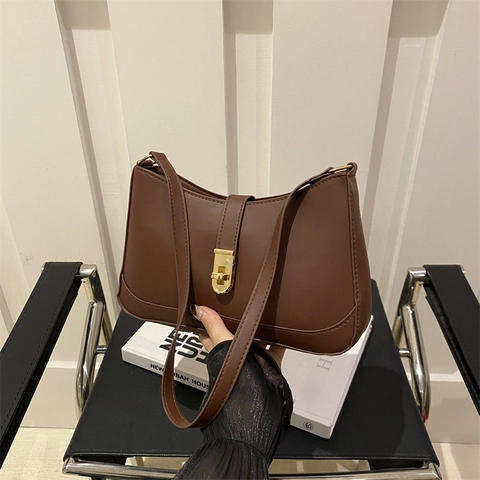 Solid Color PU Leather Underarm Shoulder Bag Minimalist Retro Fashion Handbag With Metal Lock Closure For Women Daily