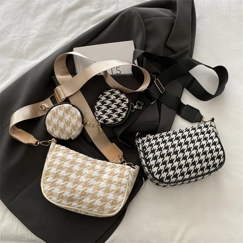 Borsa A Tracolla In Tessuto Houndstooth E Portamonete Rotondo Tracolla Larga Regolabile Moda Borsa A Spalla A Mezzaluna Per Donne