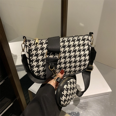 Bolso De Hombro Vintage De Pata De Gallo Para Mujer Y Mini Bolso Redondo Bolso Cruzado De Tela Para Uso Diario