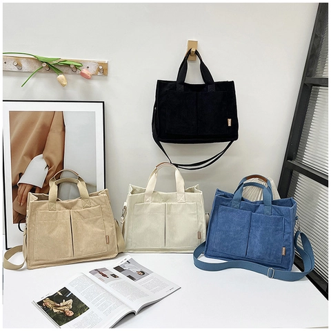 Dames Corduroy Tote Tas Grote Capaciteit Effen Kleur Handtas Met Verstelbare Schouderriem Dubbele Voorzakken Casual Crossbody Tas