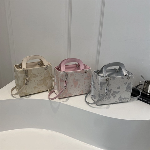 Damen Handtasche Mit Schmetterlingsdruck PU Leder Tragegriff Schultertasche Abnehmbarer Riemen Elegant Vintage Umhängetasche