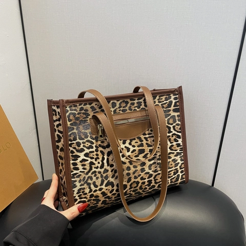 Borsa Tote da Donna alla Moda con Stampa Leopardata in Pelle PU Grande Capacità Borsa a Spalla Stile Urbano Pendolare