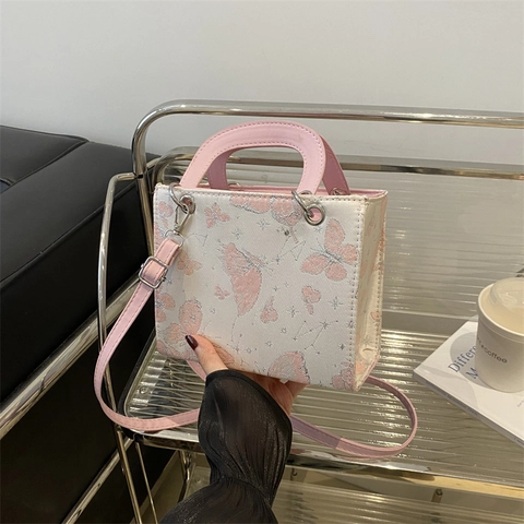 Damen Handtasche Mit Schmetterlingsdruck PU Leder Tragegriff Schultertasche Abnehmbarer Riemen Elegant Vintage Umhängetasche