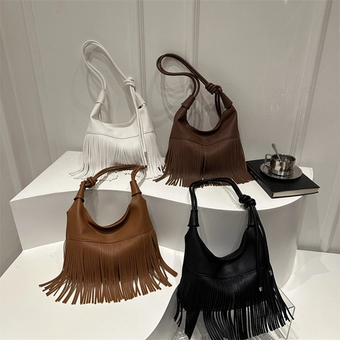 Fransen Quasten Umhängetasche PU Leder Litschi Textur Bohemian Hobo Knoten Riemen Retro Lässig Mode Für Damen