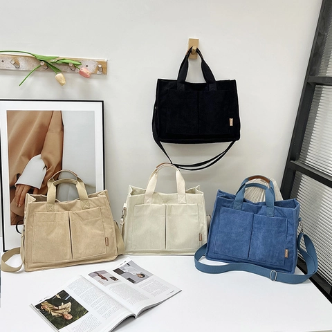 Borsa Tote In Velluto A Coste Da Donna Grande Capacità Tasche Anteriori Tracolla Regolabile Borsa A Mano Versatile