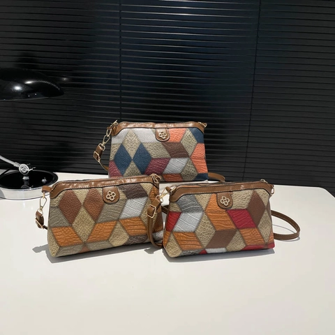 Women Retro Shoulder Bag Geometric Patchwork PU Leather Multi Color Vintage Trendy Crossbody Purse With Flower Logo