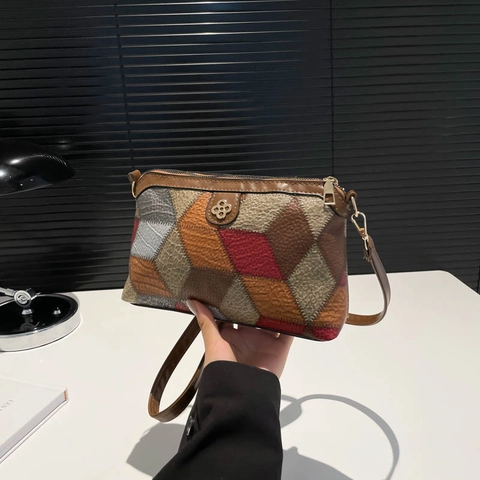 Women Retro Shoulder Bag Geometric Patchwork PU Leather Multi Color Vintage Trendy Crossbody Purse With Flower Logo