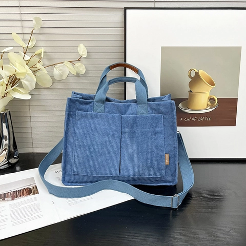 Bolso Tote de Pana para Mujer Gran Capacidad Bolso de Hombro Color Sólido Minimalista Bolso Mensajero Informal de Otoño Invierno