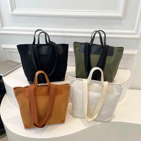 Borsa Tote In Velluto A Coste Grande Capacità Stile Giapponese Minimalista Cuciture A Contrasto Borsa A Spalla Da Donna