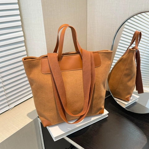 Borsa Tote In Velluto A Coste Grande Capacità Stile Giapponese Minimalista Cuciture A Contrasto Borsa A Spalla Da Donna