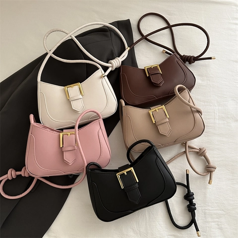 Women Baguette Shoulder Bag PU Leather Gold Metal Buckle Knot Strap Chic Underarm Handbag Trendy Satchel