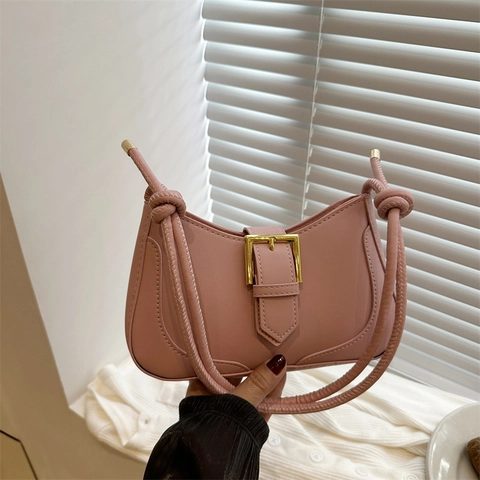 Women Fashion Solid Color PU Leather Underarm Bag Retro Shoulder Bag With Gold Metal Buckle Knot Strap Casual Handbag