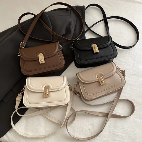 Borsa A Tracolla Vintage In Pelle PU Da Donna Piccola Borsa Quadrata Con Serratura In Metallo Dorato Stile Minimalista