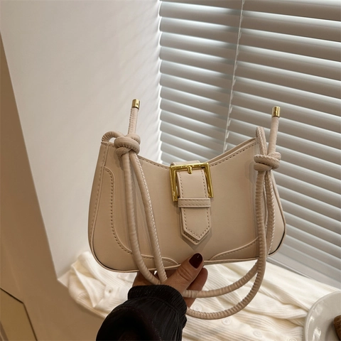 Women's Vintage Crescent Underarm Bag PU Leather Half Moon Shoulder Bag With Golden Square Buckle And Knotted Strap Daily Purse