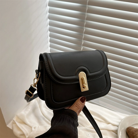 Women Small Square Crossbody Bag PU Leather Golden Swivel Lock Retro Flap Shoulder Bag For Daily Fashion Simple Style