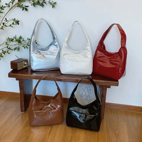 Women Large Capacity Hobo Shoulder Bag Minimalist Soft PU Leather Glossy Metallic Retro Commuting Tote For Lady Handbag