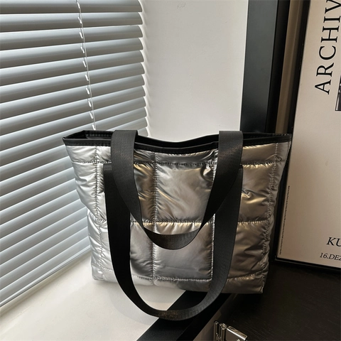 Bolso Tote Acolchado Gran Capacidad Metálico Brillante Ligero Acolchado Nylon Bolso De Hombro Para Mujer Moda