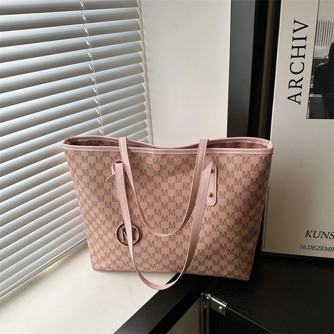 Dames Tote Tas PU Leer Grote Capaciteit Monogram Print Metalen M Hanger Forens Schoudertas Vintage Trendy