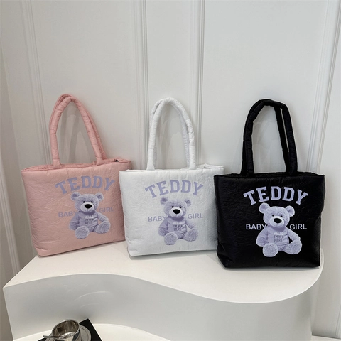 Gewatteerde Gewatteerde Draagtas Met Teddybeer Print Zachte Nylon Handtas Grote Capaciteit Casual Schoudertas